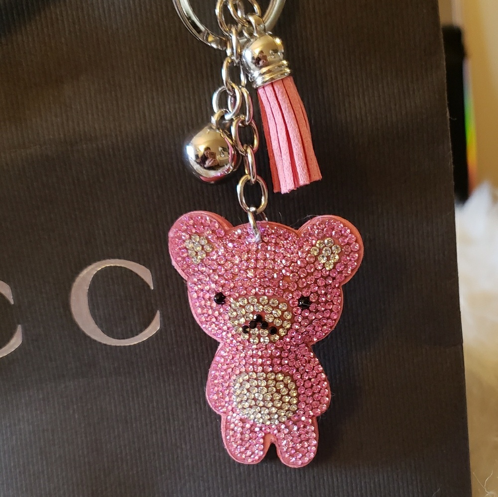 Pink Crystal Teddy Bear Purse Charm Key Fob
